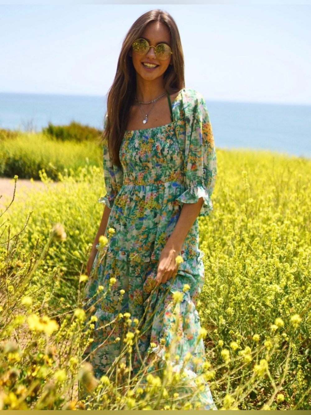 Davi & Dani Floral Printed 3/4 Sleeve Tiered Midi Dress Women’s Size Small NWT